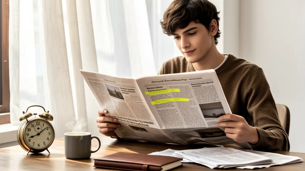 Lernende arbeitet mit Stoppuhr an einem Goethe B1 Lesetext und markiert Schlüsselwörter