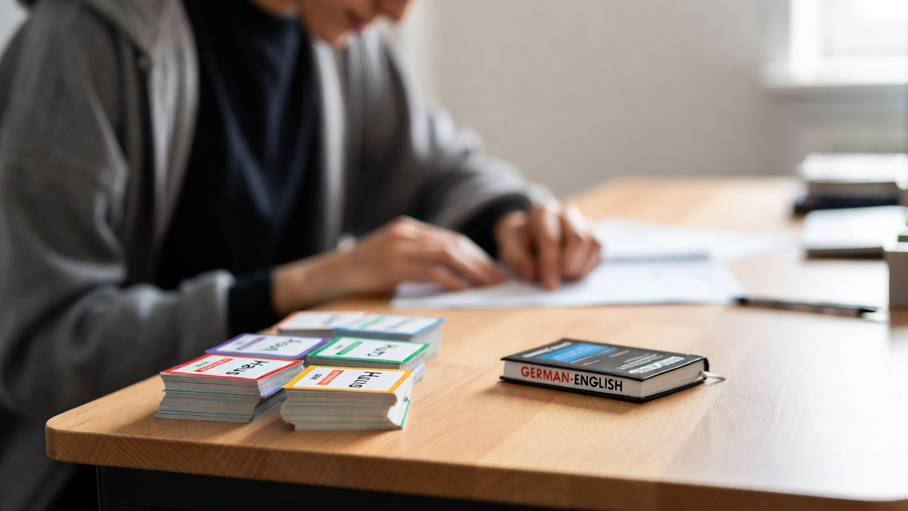 Student lernt fuer die TELC A1 Pruefung mit Vokabelkarten und Uebungsmaterialien