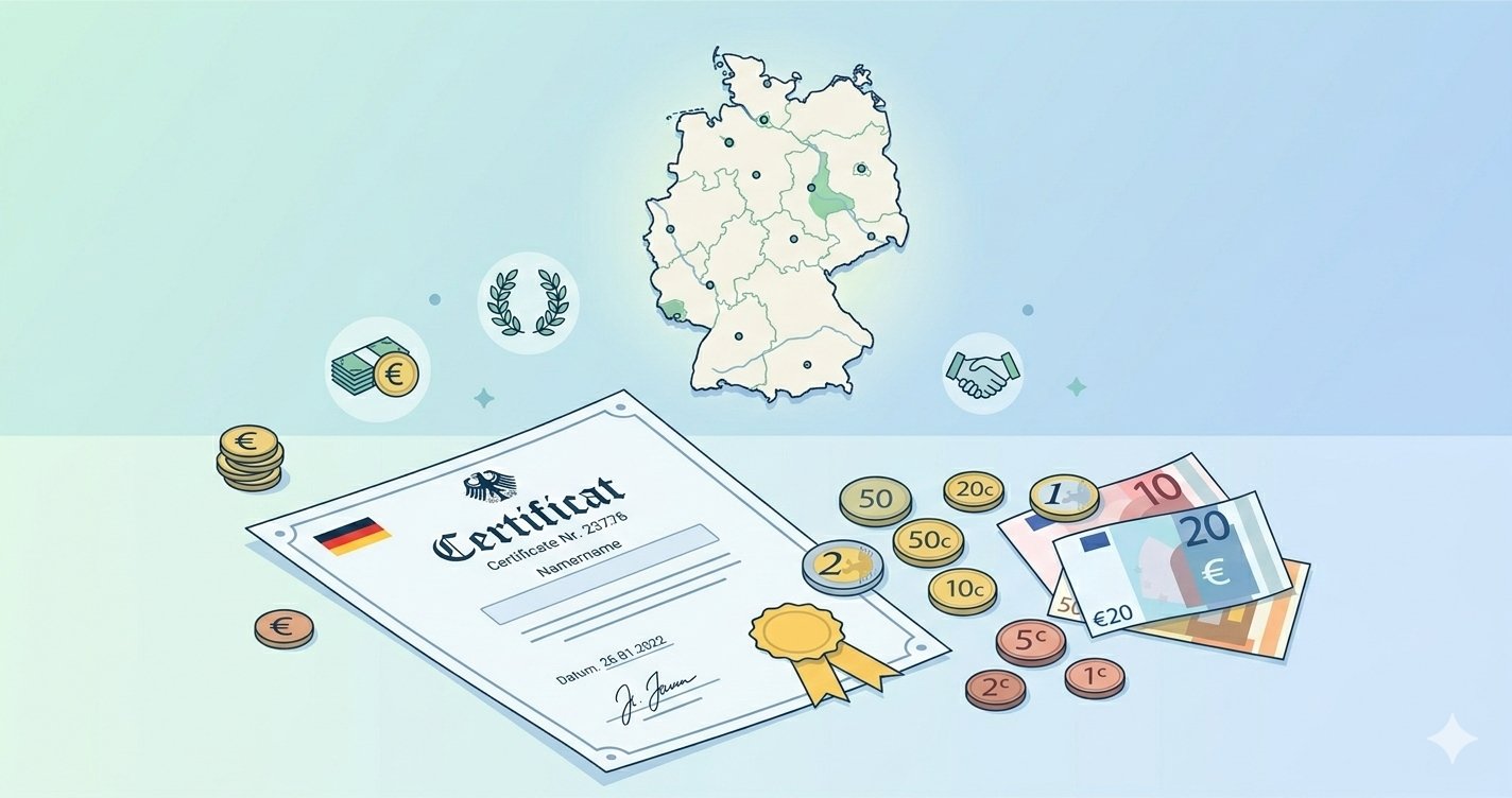 TELC B1 exam costs in Germany showing Euro currency and a German language certificate