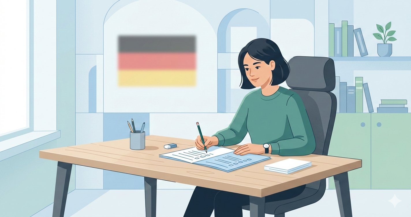 Person confidently preparing for the TELC B1 German exam at a desk with study materials