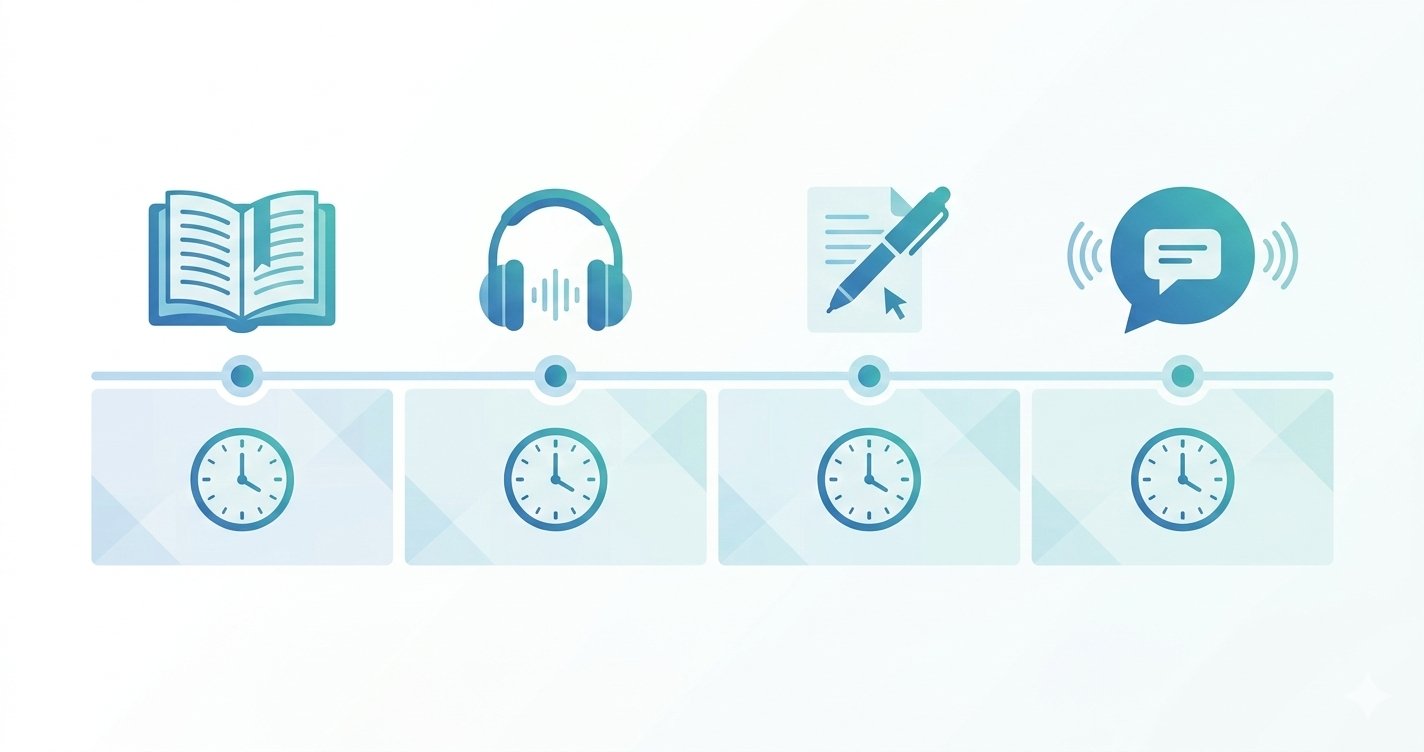 TELC B1 exam structure showing four sections: Reading, Listening, Writing, and Speaking