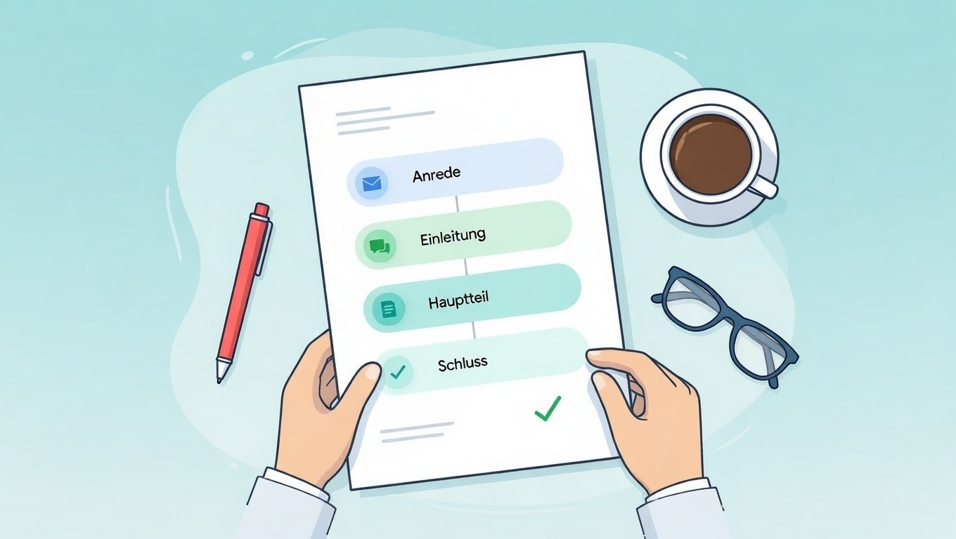 Infographic showing the 4-part TELC B1 letter structure: Anrede, Einleitung, Hauptteil, Schluss