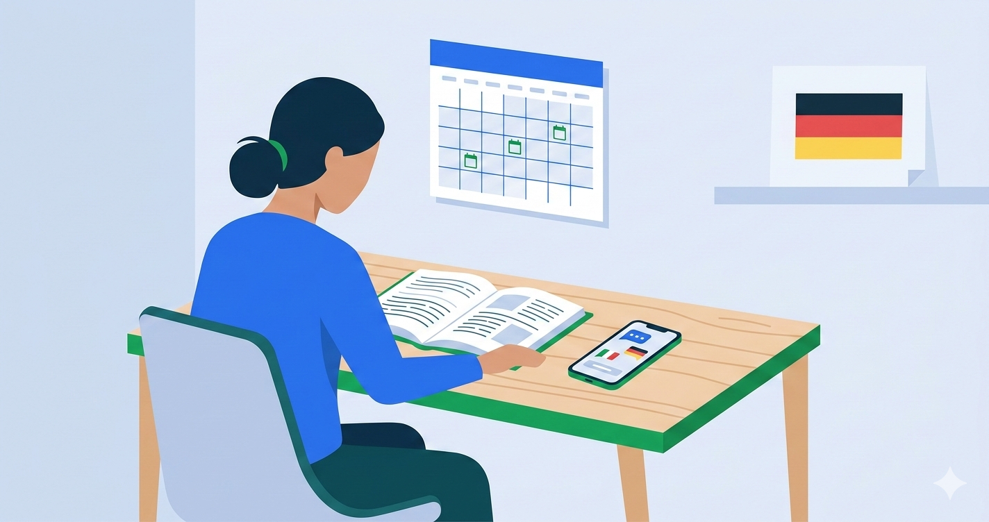 Person preparing for TELC B1 exam with study materials, calendar and phone app