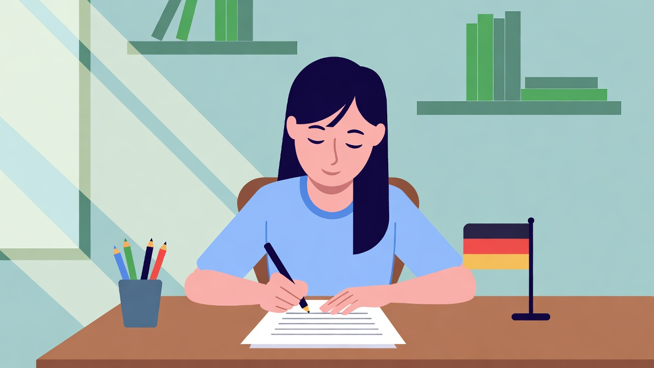 Person writing a formal German letter at a desk with TELC B1 study materials