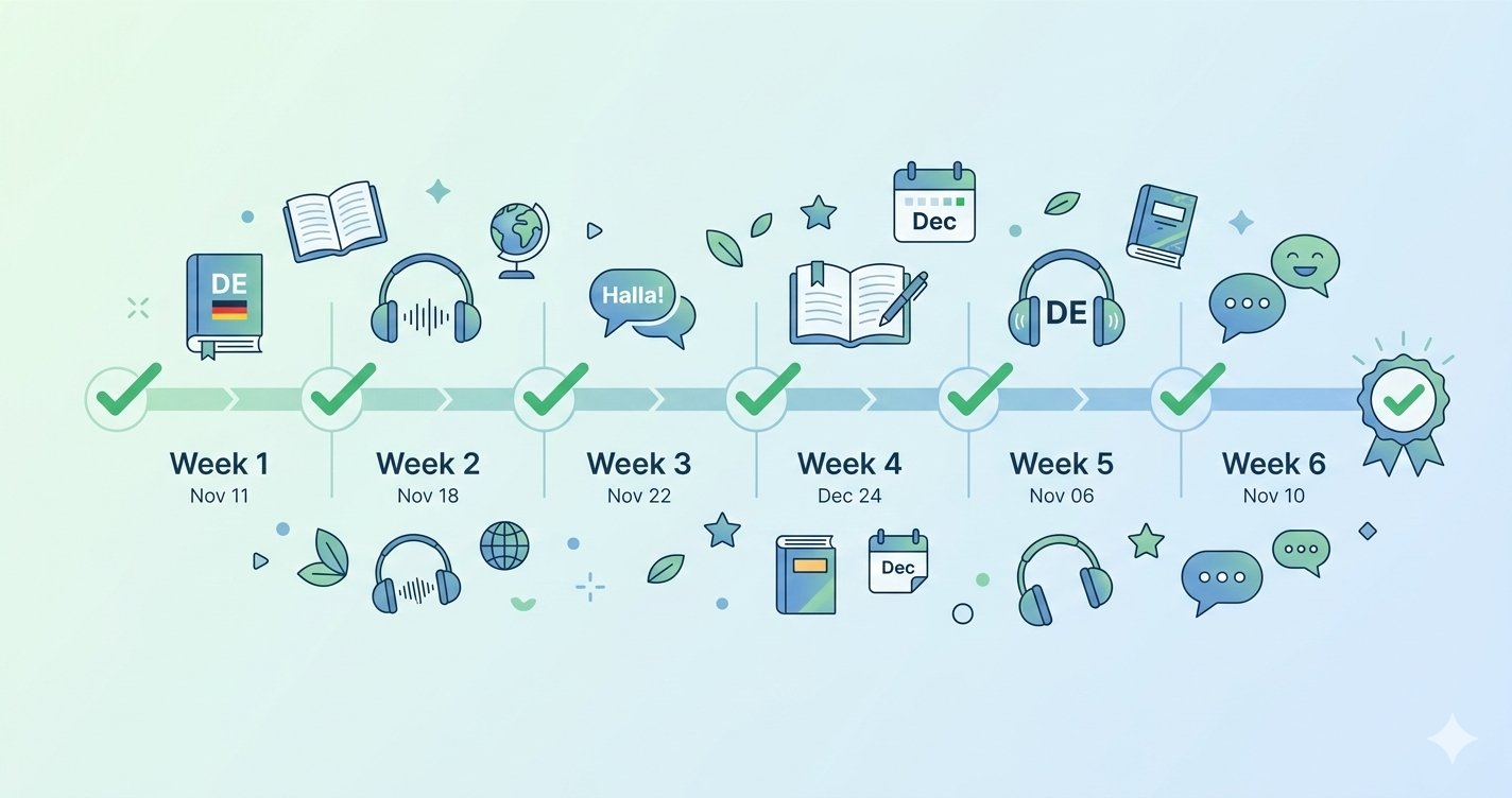 6-week TELC B1 study plan timeline showing progressive preparation phases