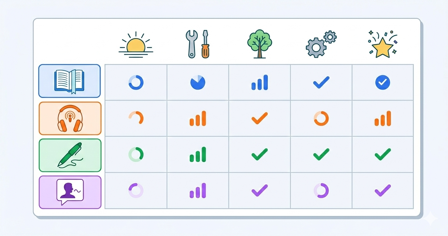 Weekly study schedule showing balanced practice across reading, listening, writing and speaking