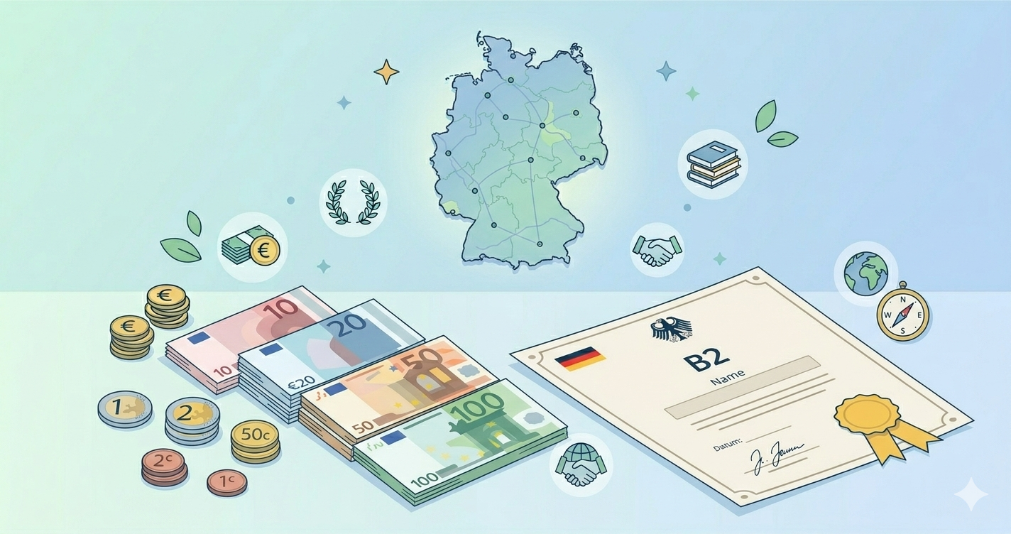 TELC B2 exam costs in Germany showing Euro currency and a B2 German language certificate