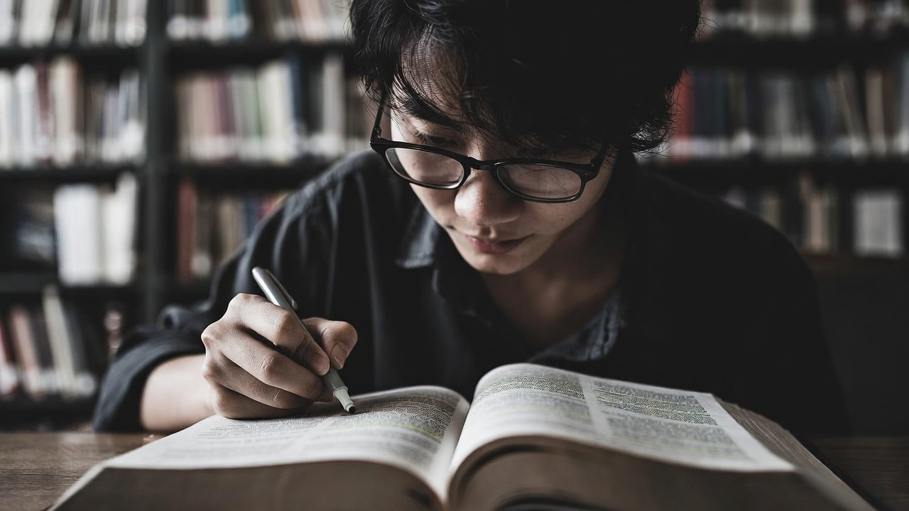 Advanced German student studying complex texts for TELC B2 certification