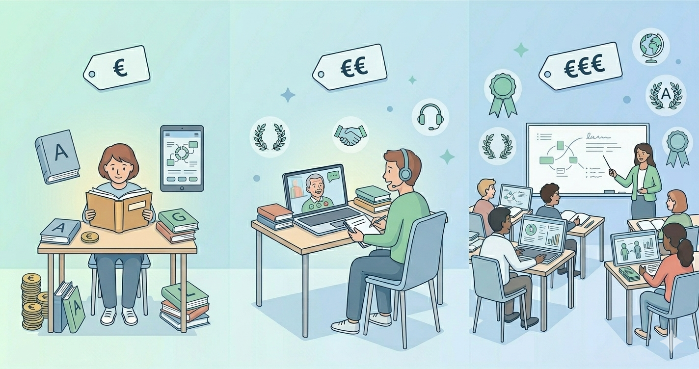 Three TELC B2 preparation approaches compared: self-study, tutor-assisted, and full language course