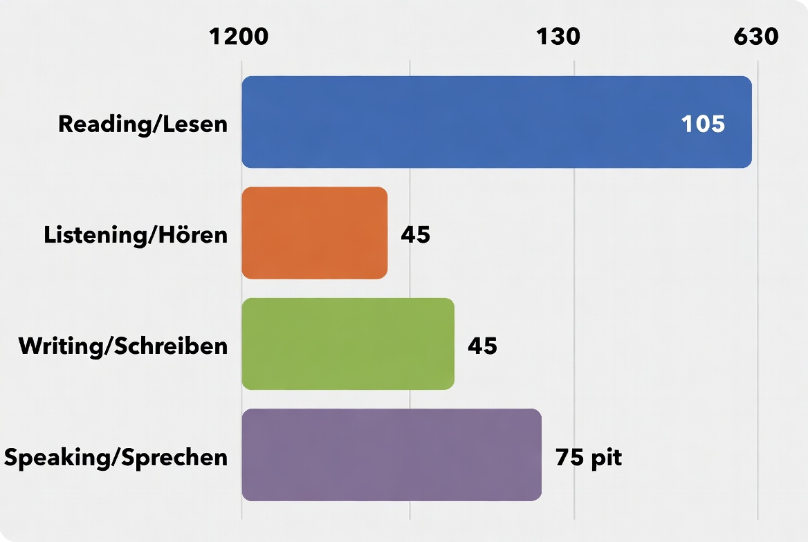 Bar chart showing TELC B2 score distribution: Reading 105 points, Listening 75 points, Writing 45 points, Speaking 75 points