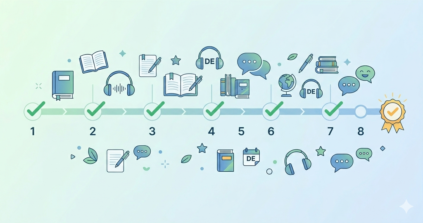 8-week TELC B2 study plan timeline showing progressive preparation from diagnostic to final mock tests