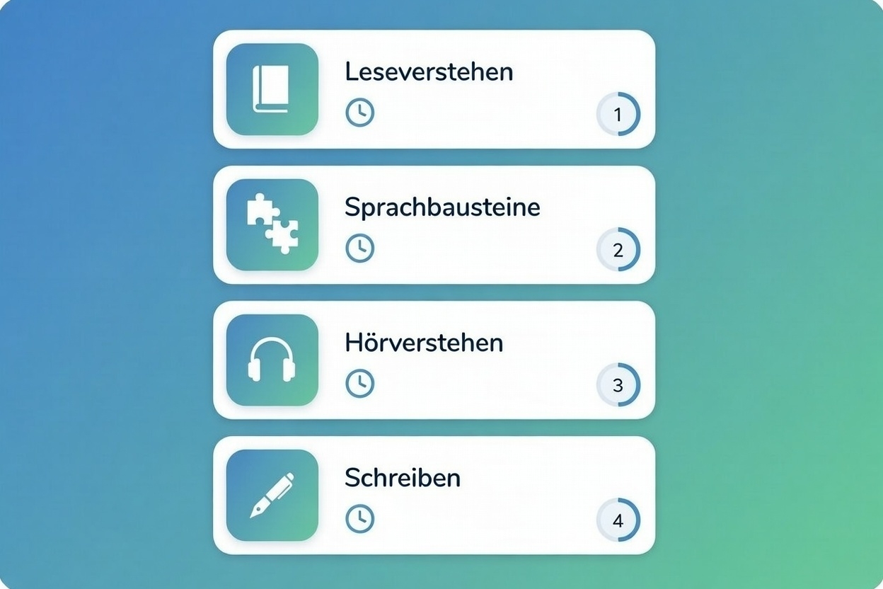 Detailed infographic of the written exam sections with icons, question counts and time allocations