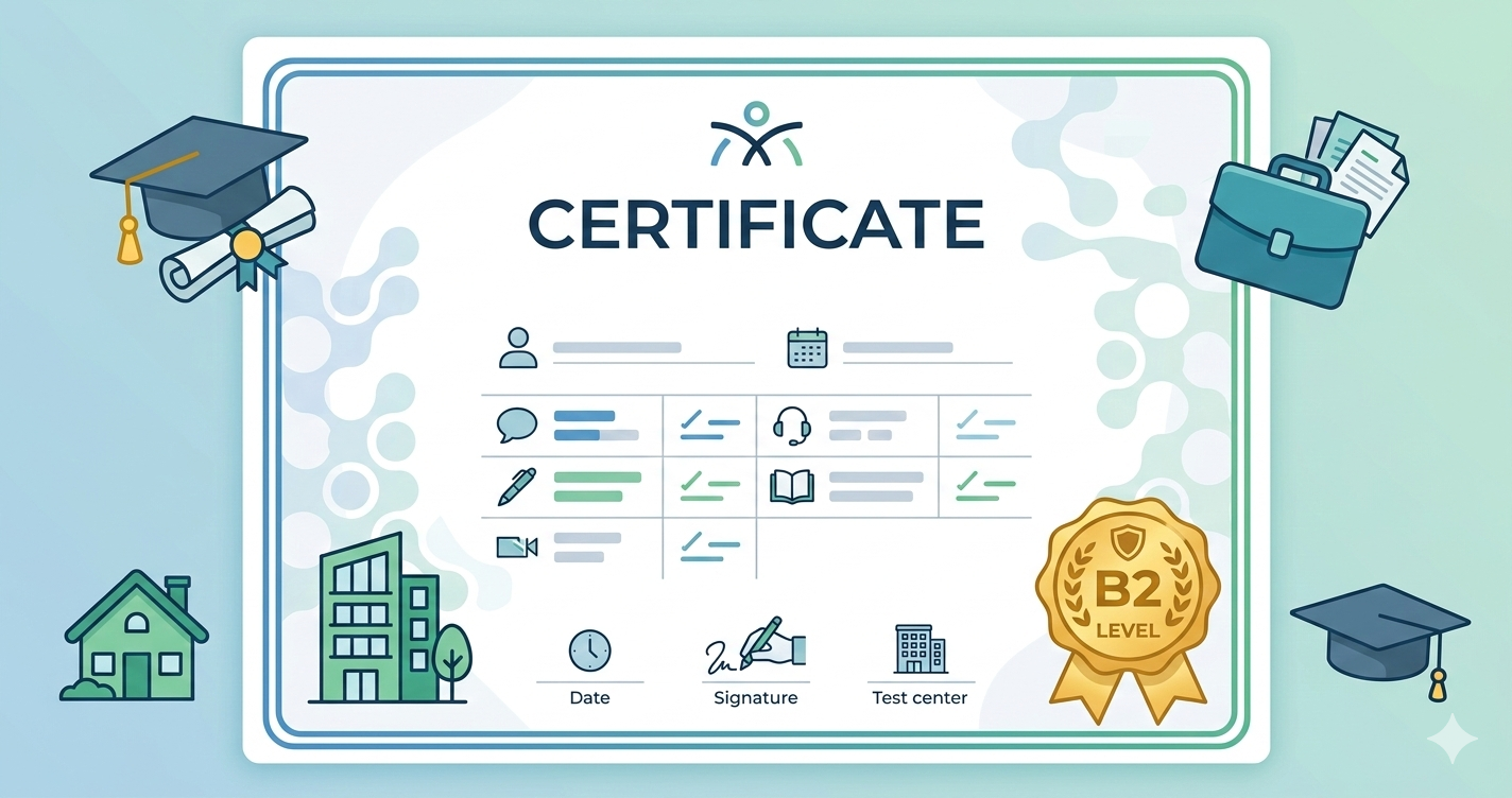 Official-looking German B2 certificate surrounded by career, university and residency icons